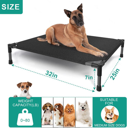 Medium Elevated Dog Bed (32x25x8in) – Raised Outdoor Pet Cot with Waterproof Frame, Breathable Mesh & Non-Slip Feet – Supports Up to 80 lbs – Black